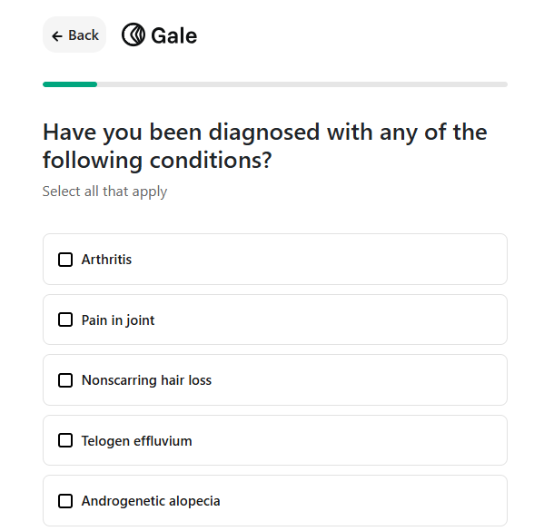 Gale questionnaire screen asking about qualifying health conditions