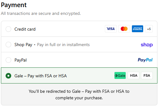 Checkout payment section with Gale HSA FSA option visible