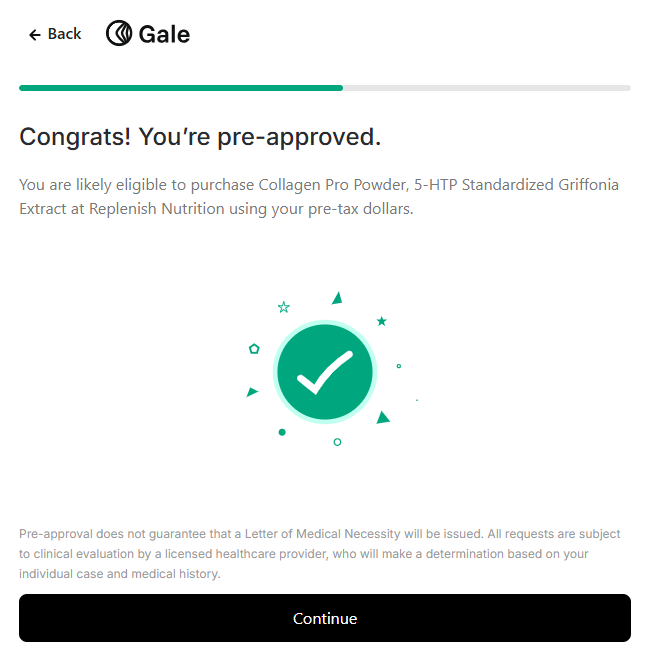 Gale pre-approval confirmation screen for Replenish Nutrition supplements
