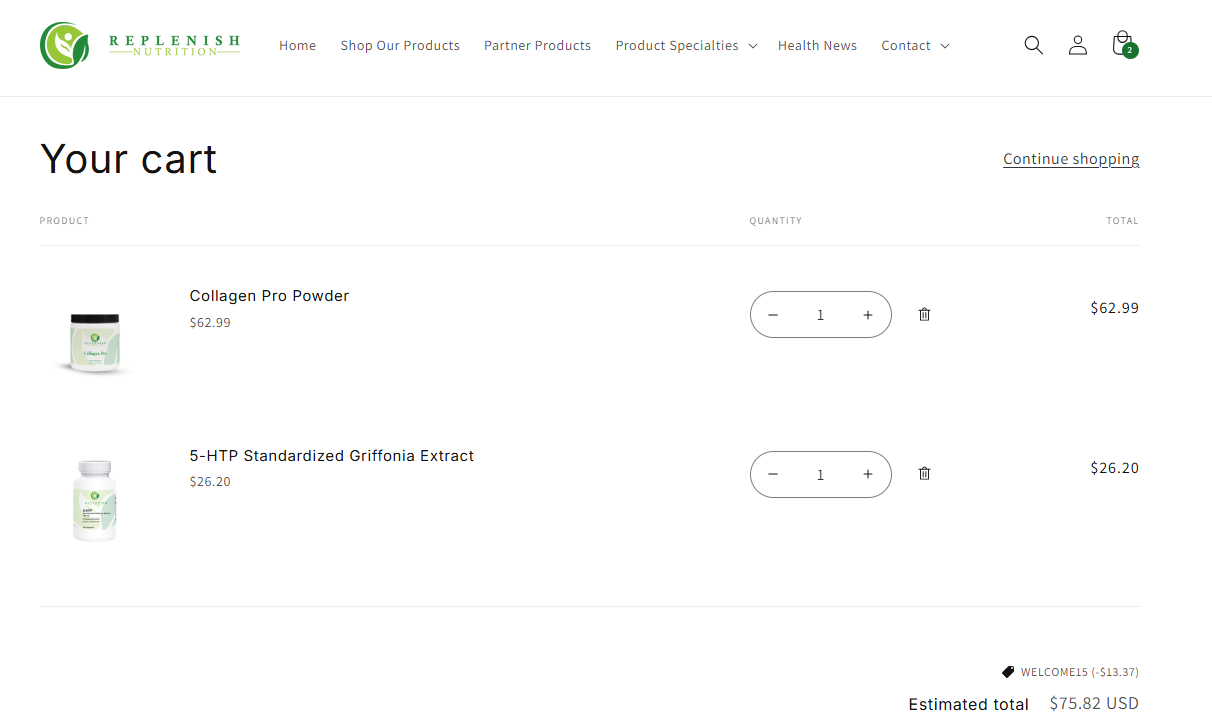 Cart view showing Replenish Nutrition products ready for checkout